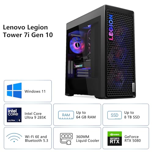 Image of Lenovo Legion Tower 7i Gen 10 Gaming AI Desktop | Intel 24-core Ultra 9 285K | 32GB DDR5 2TB SSD | GeForce RTX 5080 (Up to 1801 AI Tops) | 360mm Liquid Cooler ARGB Fan 850W PSU Win11 w /DLCA Accessory