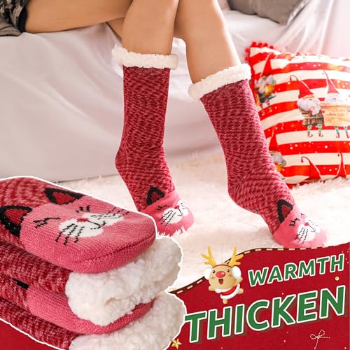 Image of WEVIAS Women Winter Socks Knit Anti-Slip Sweat Warm Cute Cartoon Animals Fuzzy Home Slipper Socks