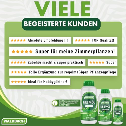 WALDBACH® Neemöl mit Emulgator [250ml] - Natürliches Neemöl für Pflanzen mit Sprühflasche und Messbecher - 25 Liter sprühfertige Mischung - Effektive Pflanzenpflege für Garten- & Zimmerpflanzen