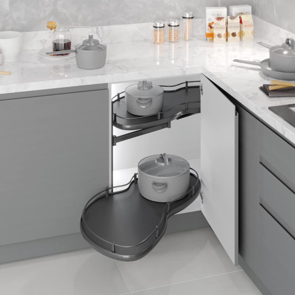 Premium Solid Base Kidney Le Mans Corner Unit to Suit 1000mm Cabs (500mm Door) with Soft Close 2 Colours (Left Hand Orientation, White/Chrome) (Left Hand Orientation, Grey/Anthracite)