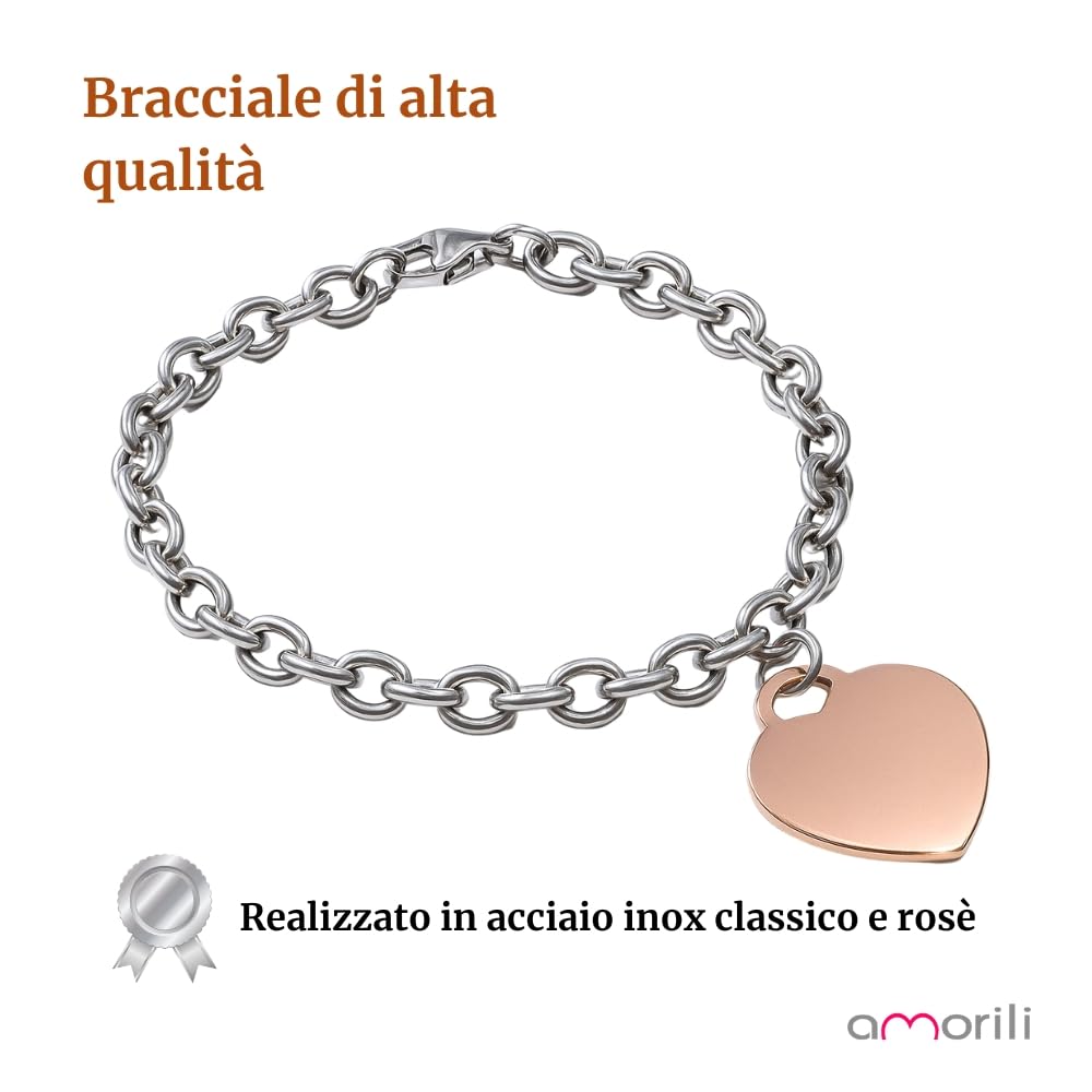 Bracciale Personalizzato Donna Cuore in Acciaio Inox Classico e Rosè | Personalizzabile con Incisione | Gioiello Elegante e Romantico | Idea Regalo per Lei bcc1522