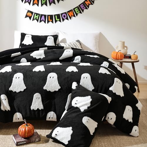 Smoofy Queen Black Comforter Set - Halloween Bedding Set Queen Size with White Ghost, Black Comforter Queen Bed Comforter Sets (1 Fluffy Queen Comforter and 2 Pillowcases)