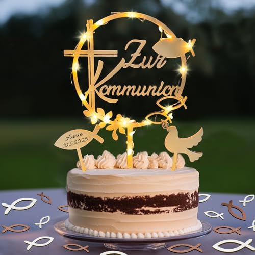 Tortendeko Kommunion mit LED Lichterkette, Cake Topper Kommunion...