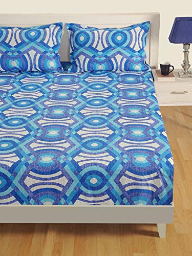 Image of Swayam Pure Cotton King Bedsheet with 2 Pillow Covers | Size 108 x 108 inch | 160 TC | Geometric Design | Soft Breathable Bed Sheet | Comfortable & Durable for Bedroom - Blue