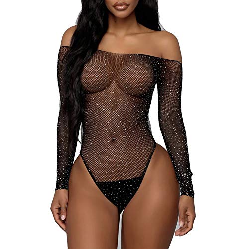 SAKUXI Sparkle Rhinestone Fishnet Bikini Long Sleeve Teddy Lingerie Bodysuit Perspective Hollow Out (Black)