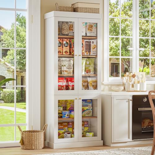 Image of ivaniti 70.8 inch Bookshelf with Glass Doors, Farmhouse Modular Bookcase with 6-Tier Adjustable Shelves, Large Storage Cabinet for Living Room & Home Office, White
