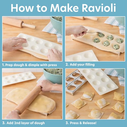 Image of Ravioli Mold with Extra Large 1 3 /4 inch Squares- Authentic Ravioli Tray and Press Makes 12 Italian Raviolis at a Once | XL 1 3 /4 Inch Squares, Easy to Use Pasta Maker Kit, Durable Sturdy Construction & Great Gift, Easy Homemade Italian Cooking
