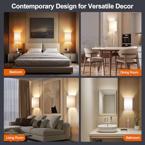 Image of Plug in Wall Sconces Set of Two: Wall Lights with On /Off Switch - Stepless Color Temperature Wall Mount Lamps - Fabric Linen Wall Sconce for Bedroom Living Room & Hallway- Indoor Corded Wall Sconces