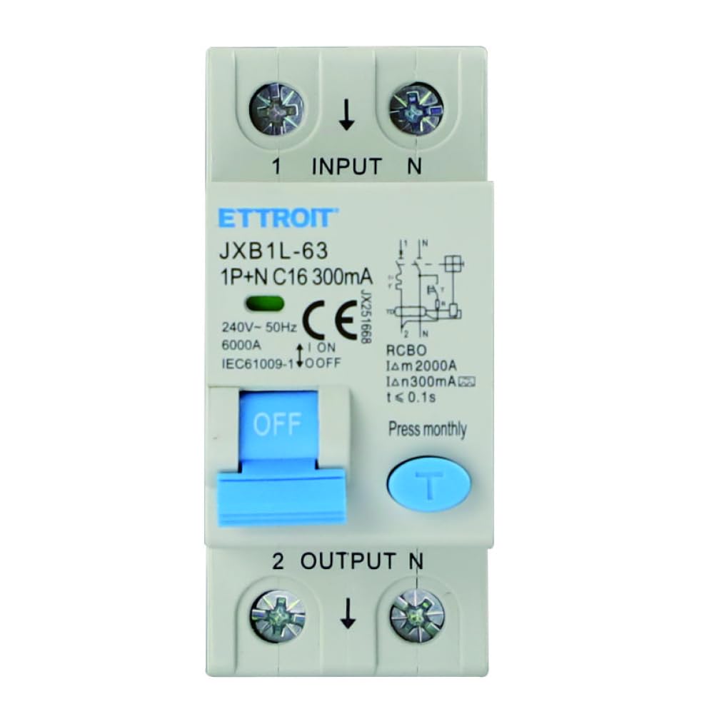 230 V 16 A C16, różnicowy wyłącznik czasochłonny, 1P + N, montaż na szynie DIN, 2 moduły, 300 mA, 6KA 6000A, RCBO, 240 VAC, klasa A