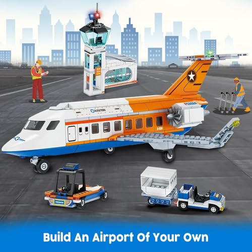 Image of SKY LINE OCEAN City Airport Airplane Building Set - 715 PCS 3-in-1 Passenger Plane Toy with Radar Tower, Baggage Truck & Shuttle Bus - STEM Educational Building Blocks for Kids Boys Girls Ages 6+