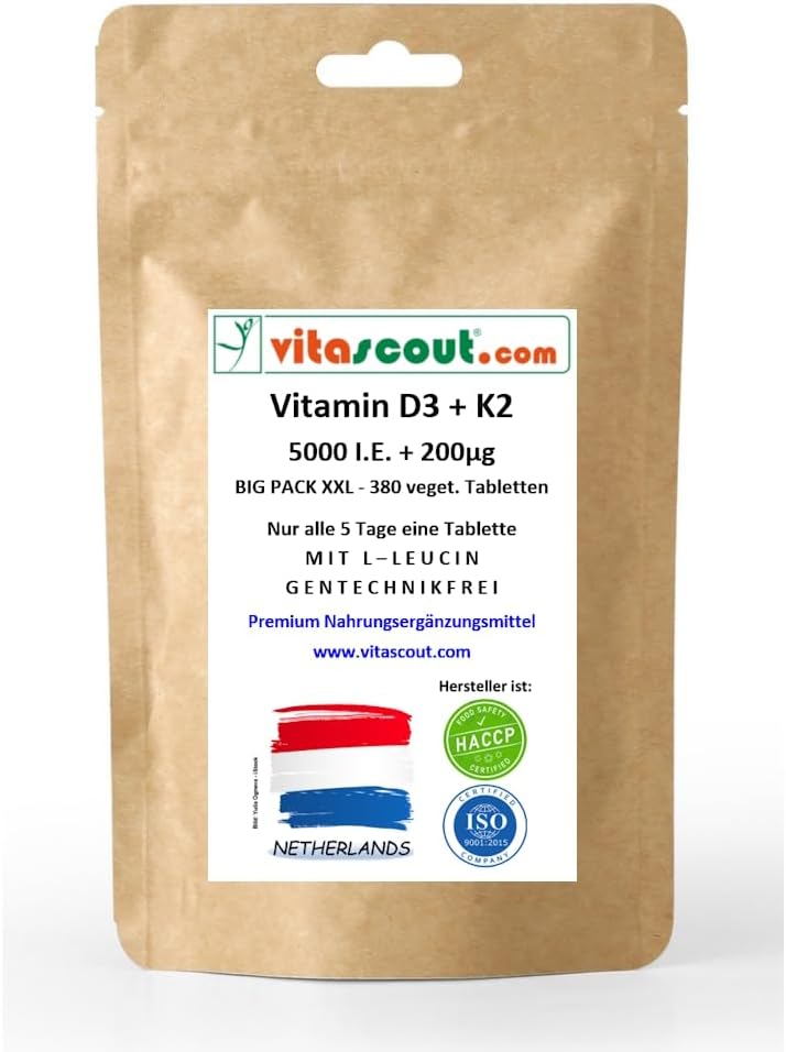 Vitamine D3 5000 IU + K2 200µg Depot – 380 veganistische capsules – voor optimale opname – zonder genetische manipulatie – slechts één capsule elke 5 dagen – hoge dosis – van VITASCOUT®