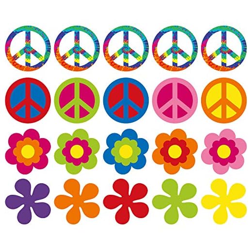 20 Piezas de Recorte de Fiesta Groovy de los Años 60 Recortes Decorativos de Flores Retro Recortes de Signos de Paz con Puntos de Pegamento para Decoraciones de Fiestas Temáticas, 7.9 x 7.9 Pulgadas
