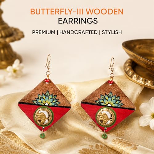 Image of Handcrafted Tribal Wooden Earrings Collection for Women - Butterfly, Princess & Modern Geometric Statement Designs