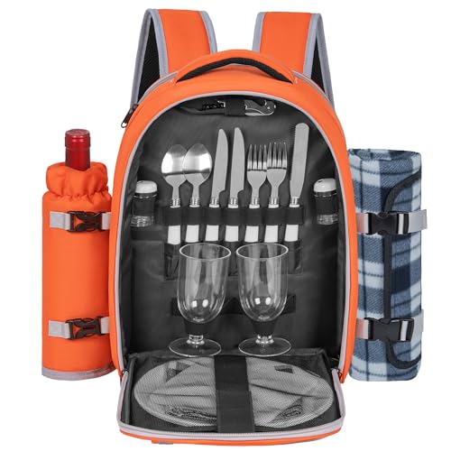 ITHWIU Picnic Backpack for 2 Persons with Insulated Leakproof Cooler Compartment Cutlery Sets Wine Holder Fleece Blanket Wedding Gifts for Couples Perfect for Beach Camping Hiking Orange