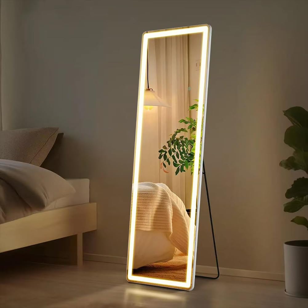 Shally Dogan Specchio da Terra Figura Intera con Luci Led e Pulsante Touch, Stand da Pavimento Struttura Alluminio Resistente con Illuminazione Dimmerabile Bianco Freddo, Caldo e Naturale, 160 x 50 cm