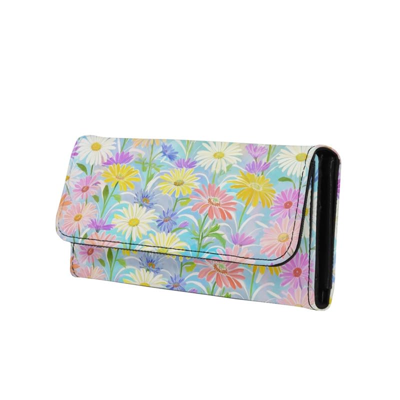 Jolamirel Colorful Daisy Flowers Slim Long Wallets for Women PU Leather Slim Card Holder Purse, Pop Art Color Floral Billfold Wallet Phone Pouch with