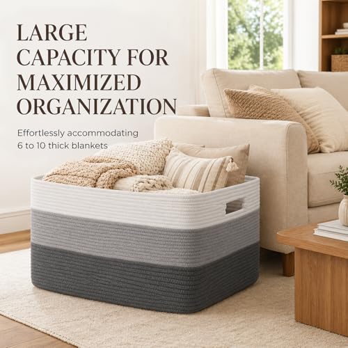 Image of OIAHOMY Large Blanket Basket For Living Room, Rectangle Woven Baskets for Storage, Nursery Toy Storage With Handle-22 inchx17 inchx12 inch-Gradient Dark Grey