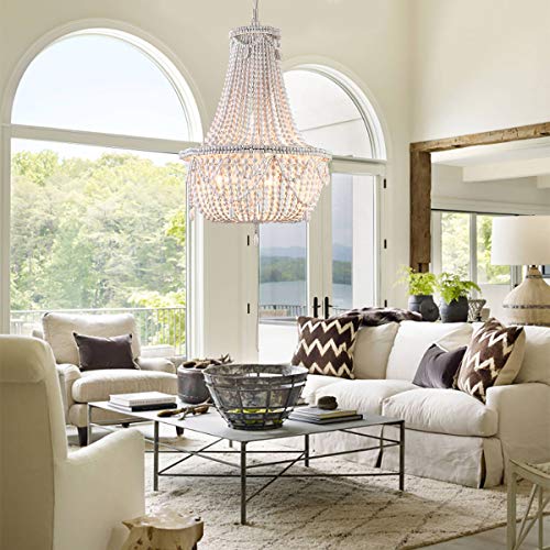 KunMai Farmhouse Distressed Wood Beaded Basket Chandelier White Pendant Three Lights Vintage Bedroom Bead Chandeliers - Image 2