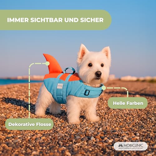 Mobiclinic®, Schwimmweste Hund, Haifischflossen-Design, Rettungsgriff, Verstellbares Geschirr, Leinenring, Hoher Auftrieb und Gute Sichtbarkeit, Sharky, Leicht, Schwimmen, Surfen, Segeln