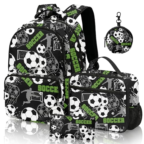 CHMKMF Conjunto de mochila de futebol para meninos, mochila infantil de futebol para escola, mochila escolar 43 cm, Preto, Large, Conjunto de mochila de futebol para meninos e crianças