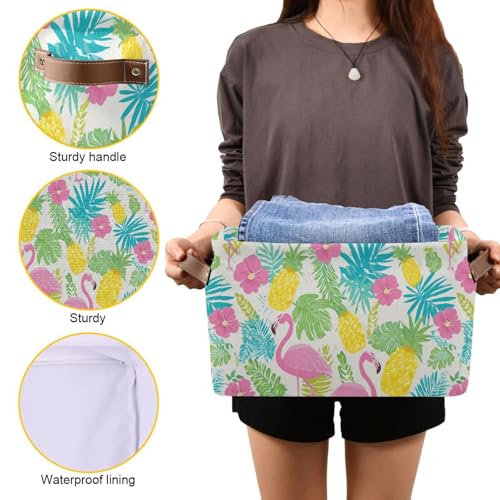 Image of Aslsiy Storage Basket Summer Flamingo Hibiscus Nursery Bins Tropical Leaf Pineapple Baby Box Canvas Clothes Shelf Basket Laundry Hamper Gift Basket for Home Closet 1 Pcs