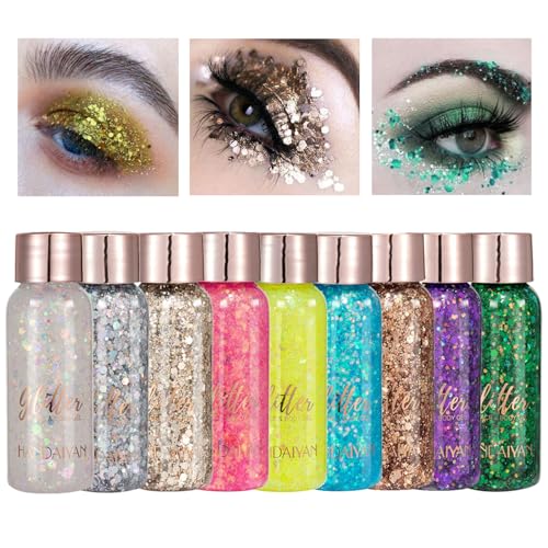 Owelth 9 cores gel purpurina rosto, brilho gel corporal cabelo unhas maquilhagem, Chunky sereia lantejoulas púrpura líquida, para o Halloween festival máscara aniversário