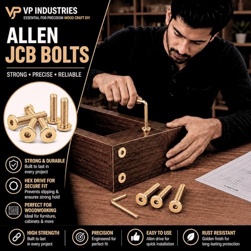 Image of By inchVP INDUSTRIES inch (Pcs-25) M6x10 mm Allen JCB Flat Head Screw Brass Gold Plated High Tensile | Allen key Head Screw for Modular Furniture, Wooden Work, Electrical Fittings, DIY & Industrial Use