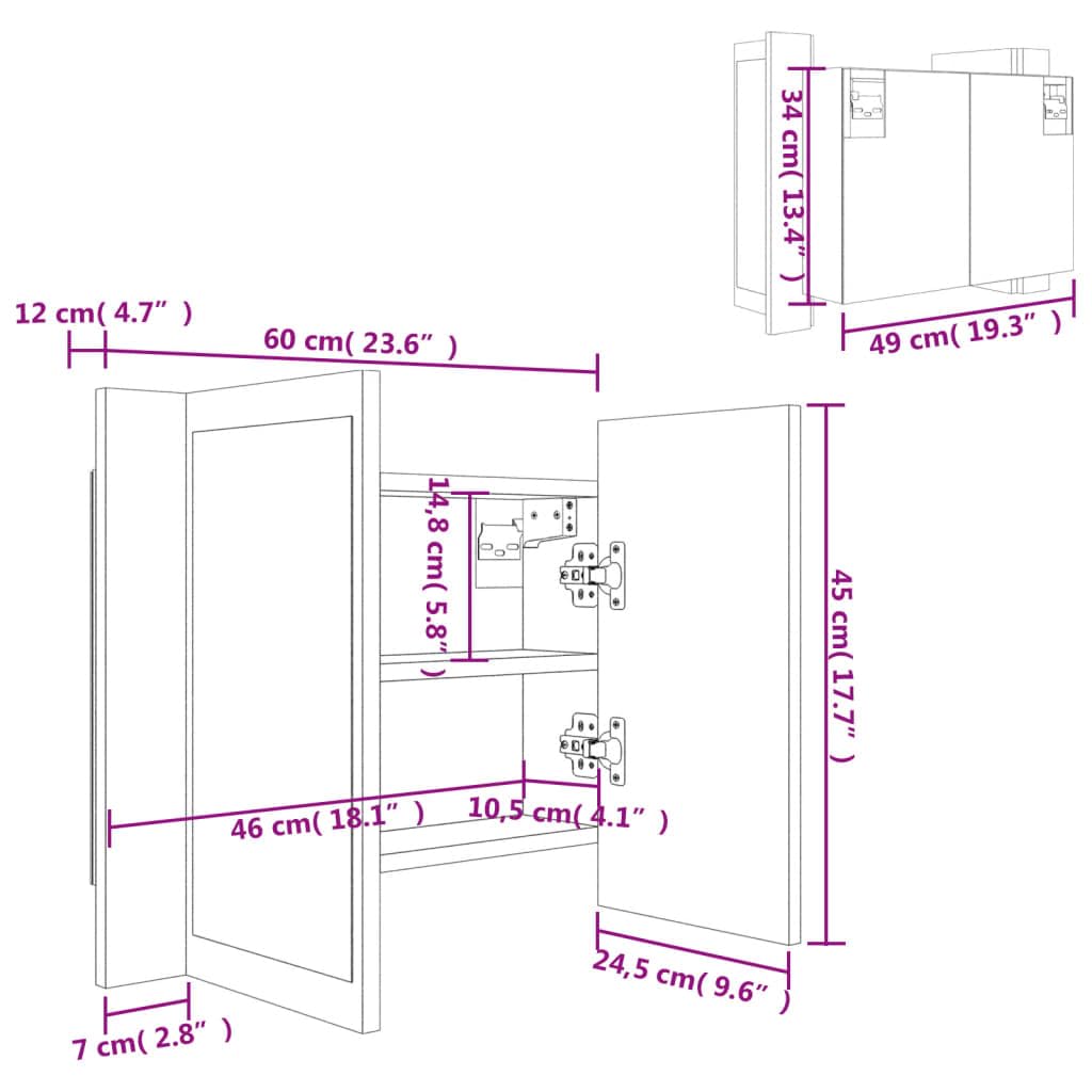 vidaXL Mobile a Specchio LED Rovere Fumo 60x12x45 cm Legno Multistrato, Mobile da Bagno a Specchio, Mobile con LED, armadietto a Muro con LED