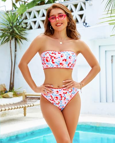 Strapless Swimsuits for Women High Waisted Bikini Sets 2 Piece Floral Bathing Suit Tummy Control Bandeau Swim Suits3