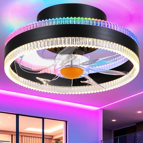 Image of Mpayel Flush Mount Ceiling Fans with Lights - RGB Low Profile Ceiling Fan,13 inch Small Dimmable LED Bladeless Ceiling Fans, Modern Enclosed LED-RGB Ambient Light for Bedroom, Kids Room, Party