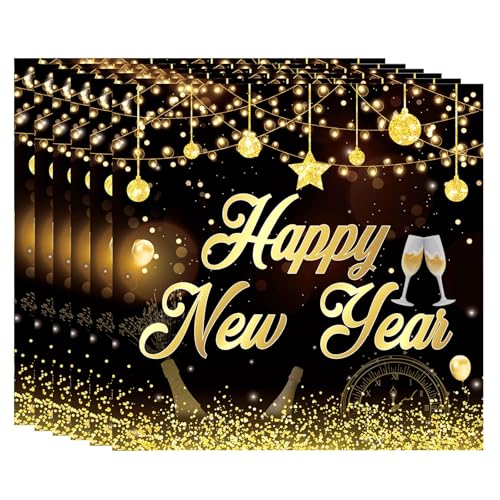 JULMELON Servilletas Happy New Year, 40 unidades, 33 x 33 cm, 3 capas, servilletas de Nochevieja, decoración de Año Nuevo, 2025, color negro y dorado, servilletas para decoración de fiestas de Año