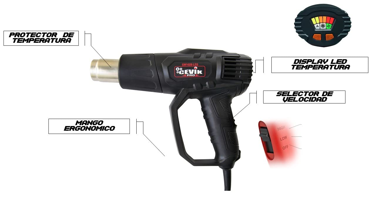 CEVIK CE-GW1029M Pistola de Calor 2000W con Pantalla LED – Decapador Aire Caliente con Control de Temperatura – Pistola de Aire Caliente con Maleta y 9 Accesorios para Bricolaje Profesional