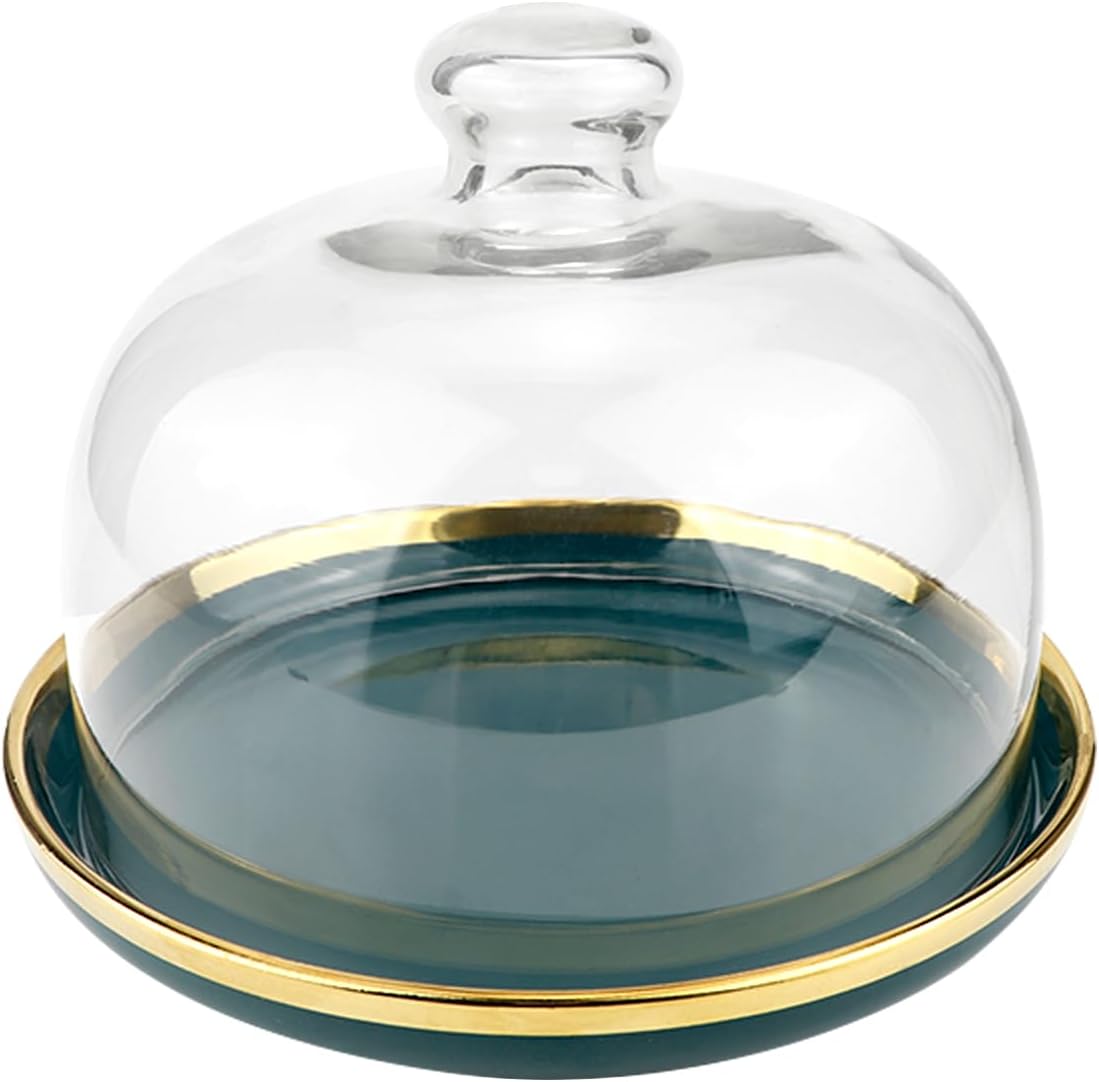 DOERDO 6Inch Cake Stand with Dome, Ceramic Serving Platter with Clear Glass Cake Dome, for Macaron, Cheese, Desserts, 6x4.7Inch Green