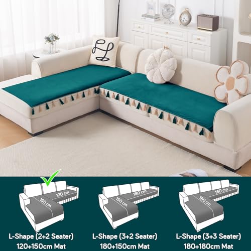 Image of HOKIPO Tassel Tone Holland Velvet Sofa Cover L Shape 4 Seater Mat, Teal