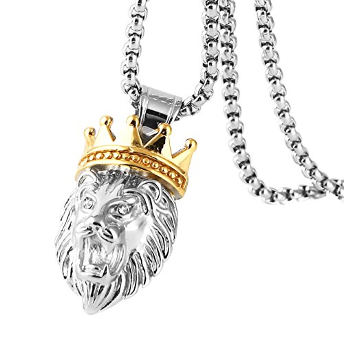 HZMAN Men's Silver Gold Tone Stainless Steel Lion King Pendant Necklace Cable Wheat 22+2" Chain2