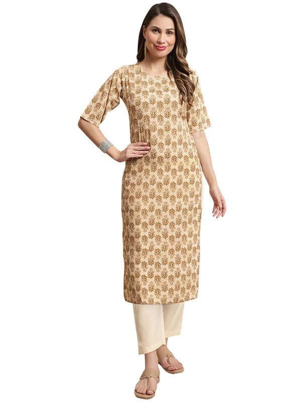 Pinkmint Kurta Set For Women Cotton Printed Knee Length Straight Round Neck Kurti With Pant (Pack Of 1)
