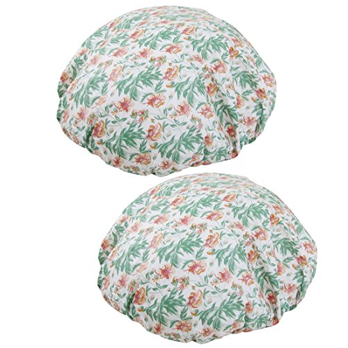 uxcell Plastic Floral Pattern Bathing Stretchy Hem Shower Cap 2 Pcs White