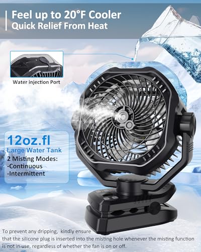 Image of Portable Rechargeable Misting Fan with 12oz Mist, Battery Life Display, Remote, Timer, Light, 5 Speeds, 9-Inch, 20000mAh 120H Battery Powered Clip Fan for Stroller, Travel, Outdoor, Poweroutage