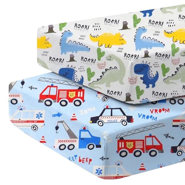 Crib Sheets for Boys and Girl, Fitted Crib Sheet 52'' X 28'' for Standard Crib - 100% Natural Cotton Fitted Portable Neutral Toddler Sheets, Car and Dinosaur
