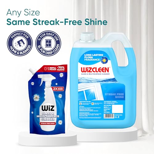 Image of Wiz Cleen 2X More Shine Glass & Multi-Surface Cleaner Liquid 1L Refill (Pack of 2) | Streak-Free Shine | Glass Cleaner for Car, Kitchen & Home | 70% Less Plastic Refill Pouch