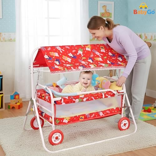 Image of BabyGo Baby Cradle with Swing & Mosquito Net | 0-9 Months | Foldable 2-in-1 Rocking Cradle Cot with 4 Wheels & Brake | Soft Sleeping Bed | Metal Frame | Red (Medium)
