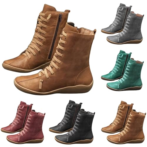 Womens Ankle Boots Vintage Casual Short Ankle Boots for Women 2025 Arch Support Fashion No Heel Lace Up Side Zipper Retro Leather Booties Comfortable Slip On Flat Shoes3