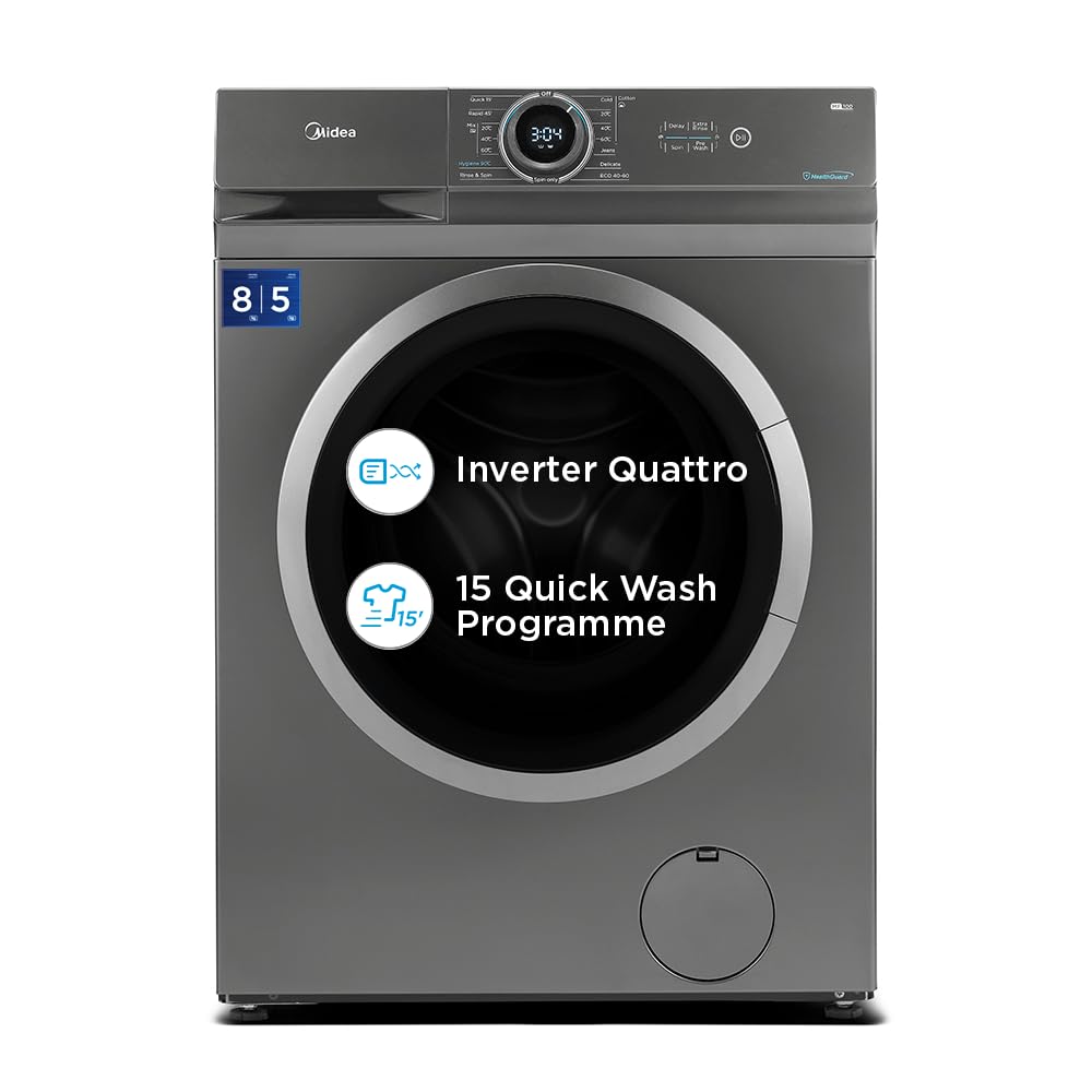 Midea 8Kg/5Kg 5 Star Inverter Fully Automatic Washer Dryer (Mf100D80B/T-In, Titanium Silver, Inbuilt Heater) - Front Load