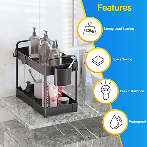 2 Pack Under Sink Organizers And Storage,2 Tier Under Bathroom Storage Rack With 12 Hooks,4 Hanging Cup, Bathroom Under Sink Shelf Cabinet Organizer Basket,Kitchen Multi-Purpose Under Sink Storage #TOP2