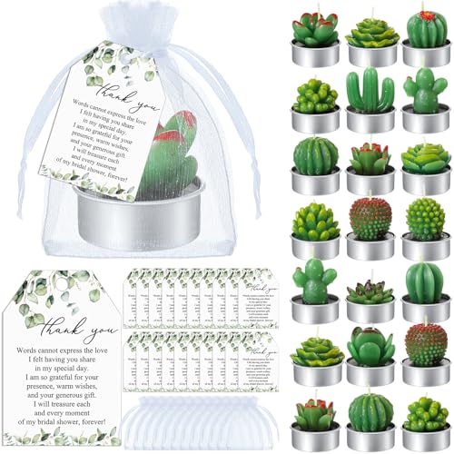 MTLEE 30 Sets Bridal Shower Favors for Guests Bulk Mini Succulents Tealight Candles Wedding Cactus Tealight Candle with Thank You Tags Organza Bridal Shower Gift Decorations Bride Bachelorette Party