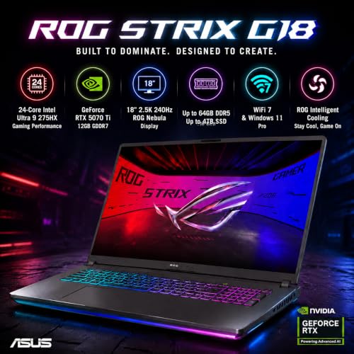 Image of ASUS ROG Strix G18 Gaming Laptop, Intel 24-Core Ultra 9 275HX, GeForce RTX 5070TI, 18-inch 2.5K WQXGA 240Hz /3ms Nebula Display, 64GB RAM + 4TB SSD, Windows 11 Pro, 4-zone RGB Backlit Keyboard, Wi-Fi 7