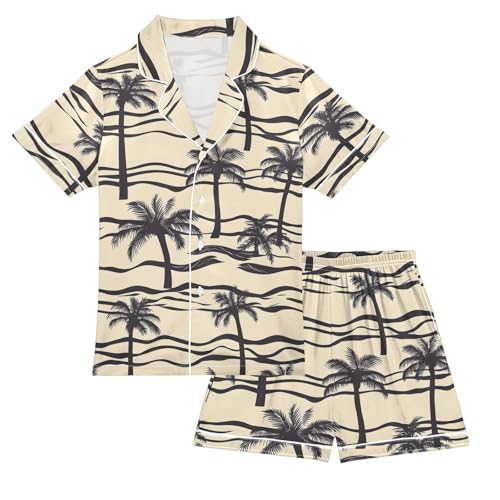 Palm Tree Wave Pajamas Set Summer Button Down Sleepwear Pjs Sets Comfy Loungewear