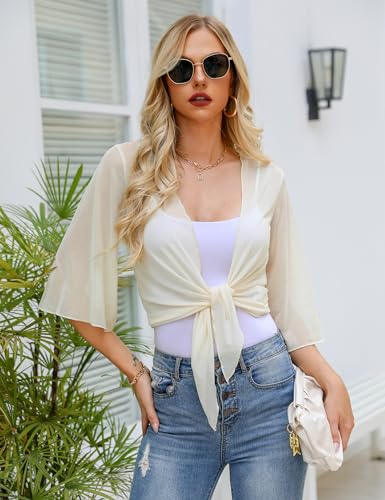 Image of Totatuit Women's Short Cardigan Bolero Sheer Shrug Tie Open Front Bell Sleeve Summer Cropped Bolero Cardigan