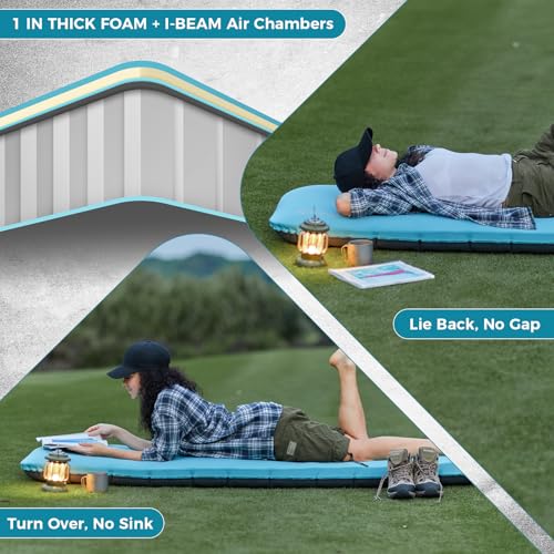 Image of KingCamp Foam Camping Pad, 4 inch Thick Inflatable Single Sleeping Pad with Pump Sack, Silent Elastic Fabric Sleep Mat for Backpacking, Tent & Car Camping