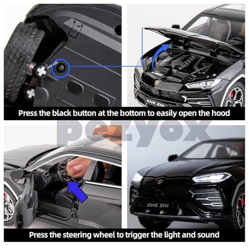 Image of 1:24 Lamborghini Urus Car Model, Diecast Pull Back Car Toy car, Doors Open, Light and Sound, Boys Toys Kids Adults Gifts (Black)